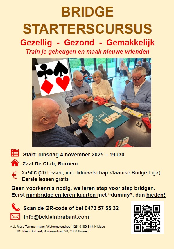 Wil je ook leren bridgen ? In november 2025 starten we een nieuwe cursus. Contacteer ons voor meer info. Meer details via de knop "leer bridgen"